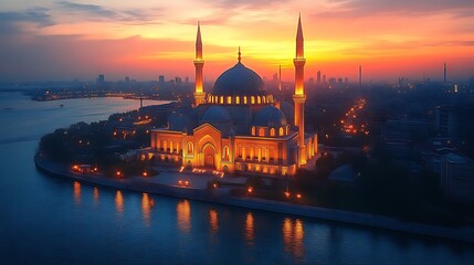 Obraz premium Illuminated mosque at sunset, aerial view.