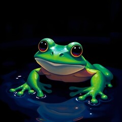 A green frog in a calm mood sitting on the water surface at night, copy space