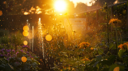 Fototapeta premium A garden with a fountain and flowers is wet from rain