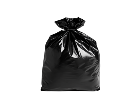 Black trash bag filled with waste displayed on a clean transparent surface for disposal