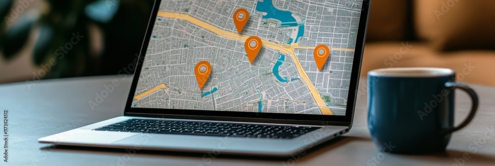 Aufkleber Open laptop displaying online map with multiple location pins indicating points of interest, alongside a mug on a table, suggesting planning or navigating a journey
