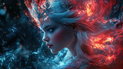 Enchanting elemental queen merges fire and ice in a mesmerizing cosmic realm of swirling colors and ethereal beauty. Generative AI