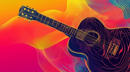 Obraz premium Guitar Outline with abstract, dynamic lines and vibrant background colors. This creative and artistic design is ideal for music-themed posters and advertisements
