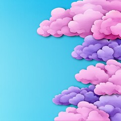 A vibrant illustration of fluffy pink and purple clouds against a bright blue background, creating a whimsical and dreamy atmosphere.