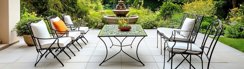 Fototapeta premium Vintage patio with wrought iron chairs, a mosaic table, and an antique garden fountain