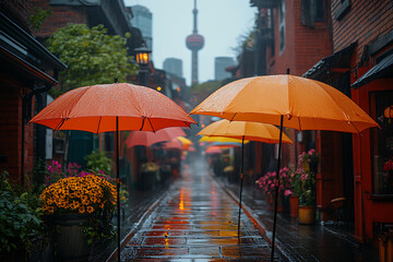 rainy spring day in a bustling city, wet streets reflecting colorful umbrellas and blooming trees, vibrant urban energy, seasonal charm, realistic wet textures and glowing reflections


