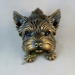 Bronze statue of a Yorkshire Terrier with a bow, showcasing intricate details and charming expression, copy space