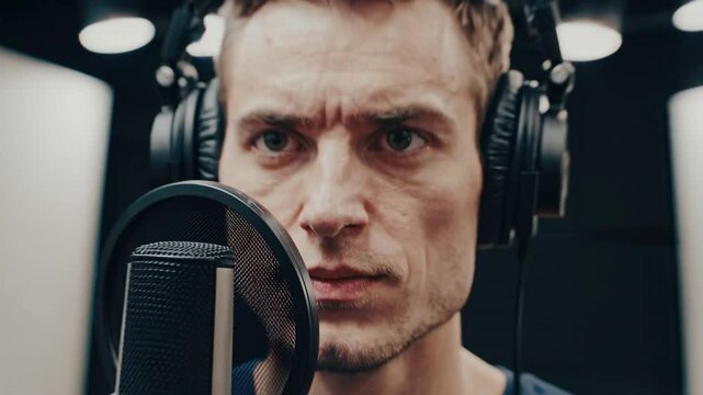 Musician records in professional studio with modern equipment and soundproof walls for perfect audio quality