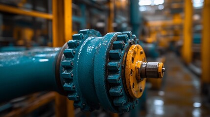 Obraz premium Industrial Gear Close-Up: Teal and Yellow Machinery Detail