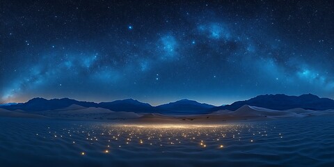 Starry night over desert with lights.
