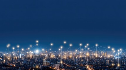 Connected digital nodes create a vibrant network above a city skyline at night, showcasing a serene light blue atmosphere