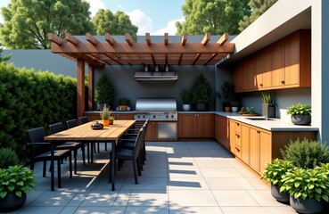 Fototapeta premium Outdoor dining area with built-in barbecue, bar. Wooden pergola provides shade. Stylish modern design. Large wooden table, black chairs for dining. Plants add touch of greenery. Spacious patio area.