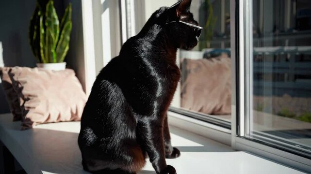 Stylish cat enjoys sunny spot by the window with sunglasses on during the afternoon
