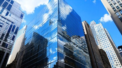 Obraz premium A tall skyscraper in the downtown city skyline with glass windows reflecting the blue sky, symbolizing modern architecture and business in an urban finance center