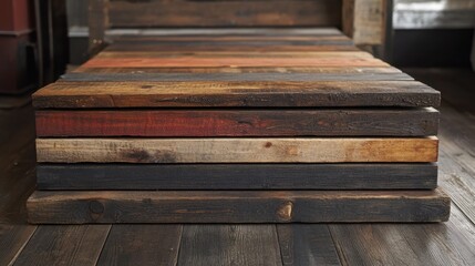 Craftsmanship shines through layered wooden planks showcasing a rustic aesthetic in a cozy, warmly-lit interior space. Generative AI