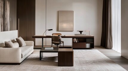 Comfortable modern living room with stylish furniture, featuring sofa, armchair, coffee table and contemporary decor in a luxurious home setting