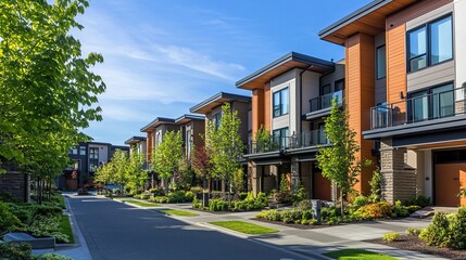 Residential house on a suburban street with blue sky and trees in the city