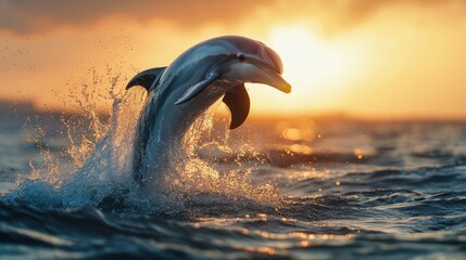 Fototapeta premium Dolphin leaps joyfully over ocean waves during a stunning sunset on a serene evening. Generative AI