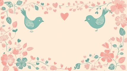 bird cartoon illustration border frame with a light pink background featuring a decorative border of pink and teal flowers and leaves.