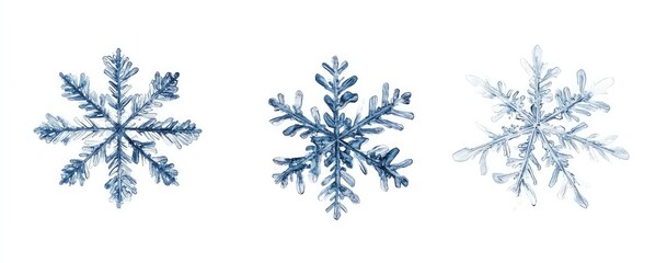 Snowflake drawing, simple lines, white background, three snowflakes in different shapes and sizes