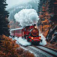 a retro-style train rides through the woods and cliffs