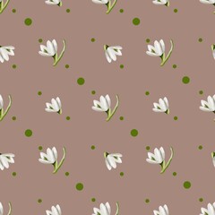 Snowdrop pattern design featuring watercolor flowers and green dots on a soft background