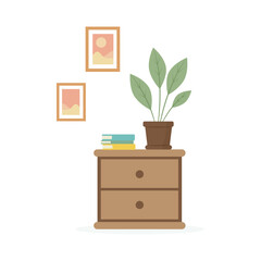 Nightstand with books and flower pot. Interior, illustration in flat style.