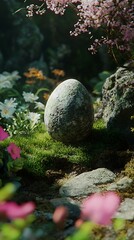 A serene scene featuring a moss-covered egg surrounded by flowers and rocks in a natural setting.