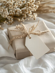 Thoughtful wedding gift tag adorning a beautifully wrapped present