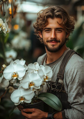 Fototapeta premium Young man smiles while holding a potted orchid in a greenhouse filled with flowers. Generative AI