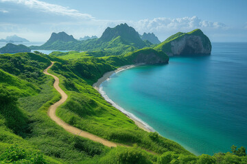 Photo r&eacute;aliste professionnelle d&rsquo;une &icirc;le paradisiaque tropicale avec v&eacute;g&eacute;tation &eacute;clatante et c&ocirc;te sinueuse