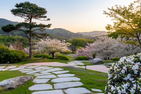 Scenic Japanese garden with blooming cherry blossoms, stone path, and pine trees at sunset surrounded by serene mountains - Powered by Adobe