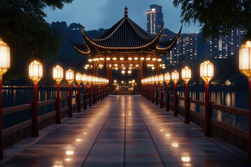 Fototapeta premium Illuminated traditional Chinese pavilion at night with glowing lanterns lining a bridge over calm water and cityscape in the background