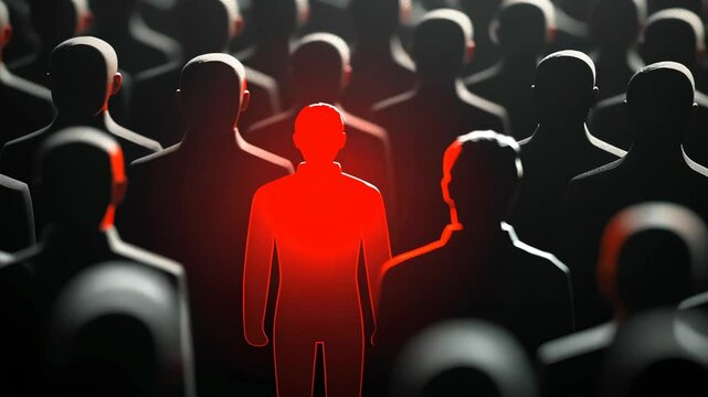 In a dimly lit scene, a young man stands alone, highlighted in red while surrounded by shadowy figures. This powerful imagery evokes themes of isolation, individuality, and group dynamics.