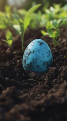 A blue egg resting in dark soil among green plants, suggesting new life or nature's cycle.