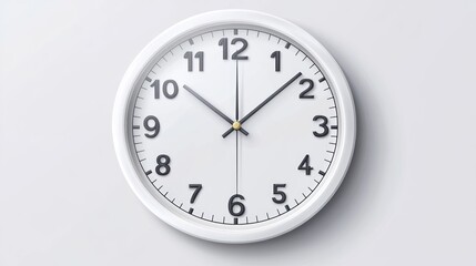 A minimalist white wall clock with black hands and numerals. Ideal for clean and modern interiors. Perfect for home or office use.
