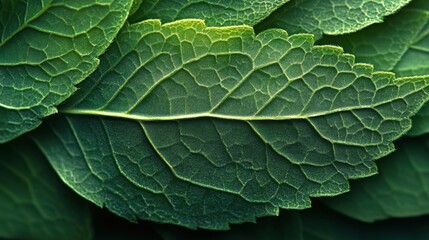 Fototapeta premium Nature's intricate patterns captured in vibrant green leaves showcasing texture and detail in a serene outdoor setting. Generative AI