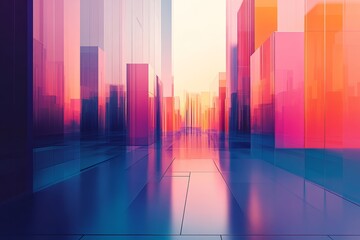 abstract cityscape with distorted buildings and bright, architecture art with lines and reflective surfaces
