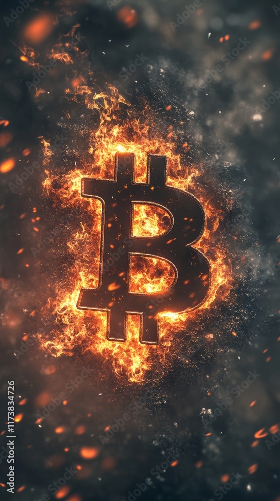 Aufkleber bitcoin symbol burning in bright flames on a dark background, representing the volatility and risk a