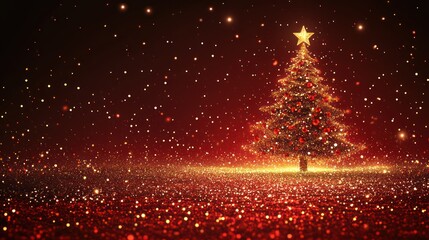 Naklejka premium A festive Christmas tree adorned with lights and ornaments against a sparkling background.