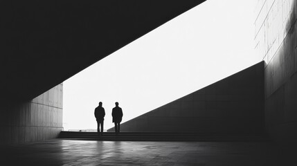 Two silhouetted figures stand in a modern, minimalist concrete corridor, bathed in bright light.