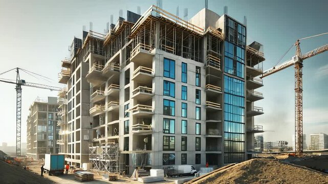 Modern residential building under construction with visible scaffolding and architectural details.