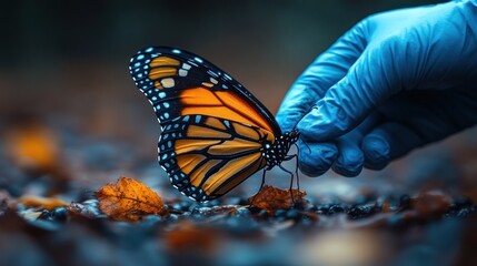 Obraz premium A hand in a glove gently holds a vibrant monarch butterfly above fallen leaves.