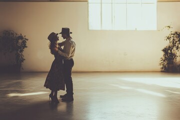couple dancing to funk music in vintage clothing, with an empty dance floor and minimal decor, minimal background with copy space