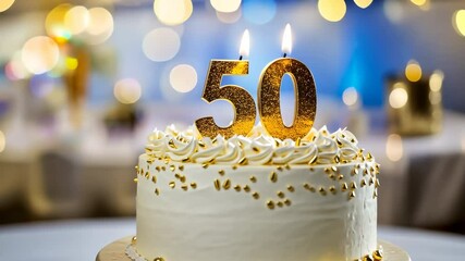 50th birthday cake adorned a gold accents. Birthday party. Blurred light festive background. Golden balloons. Fifty years, Fiftieth anniversary. Celebration cake, golden candles. Numbers 50