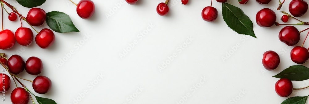 Leinwandbilder Freshly picked red cherries with stems and green leaves create a vibrant frame around a clean white background. Offering a refreshing and inviting visual with ample space for text or design elements