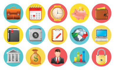 Business and financial icons set. Colored office and banking concept. Vector illustration.
