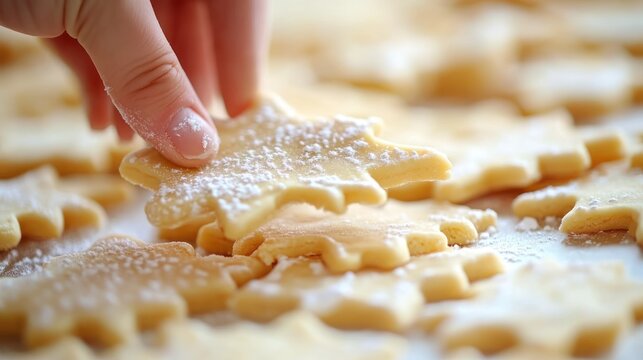 A hand picks up a star-shaped cookie dusted with powdered sugar. Perfect for holiday baking recipes or Christmas-themed content.