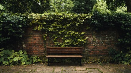 Obraz premium Wooden bench against a brick wall covered in ivy.