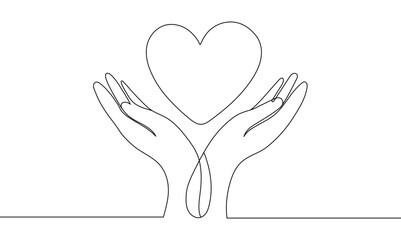 hands with heart one continuous line art style. vector illustration. editable line
